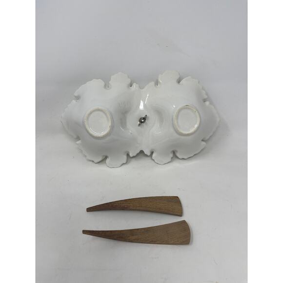 U.S.A Pottery MCM Leaf Shape Relish Serving Dish Wood Handle & Spoons Vintage - Picture 4 of 10